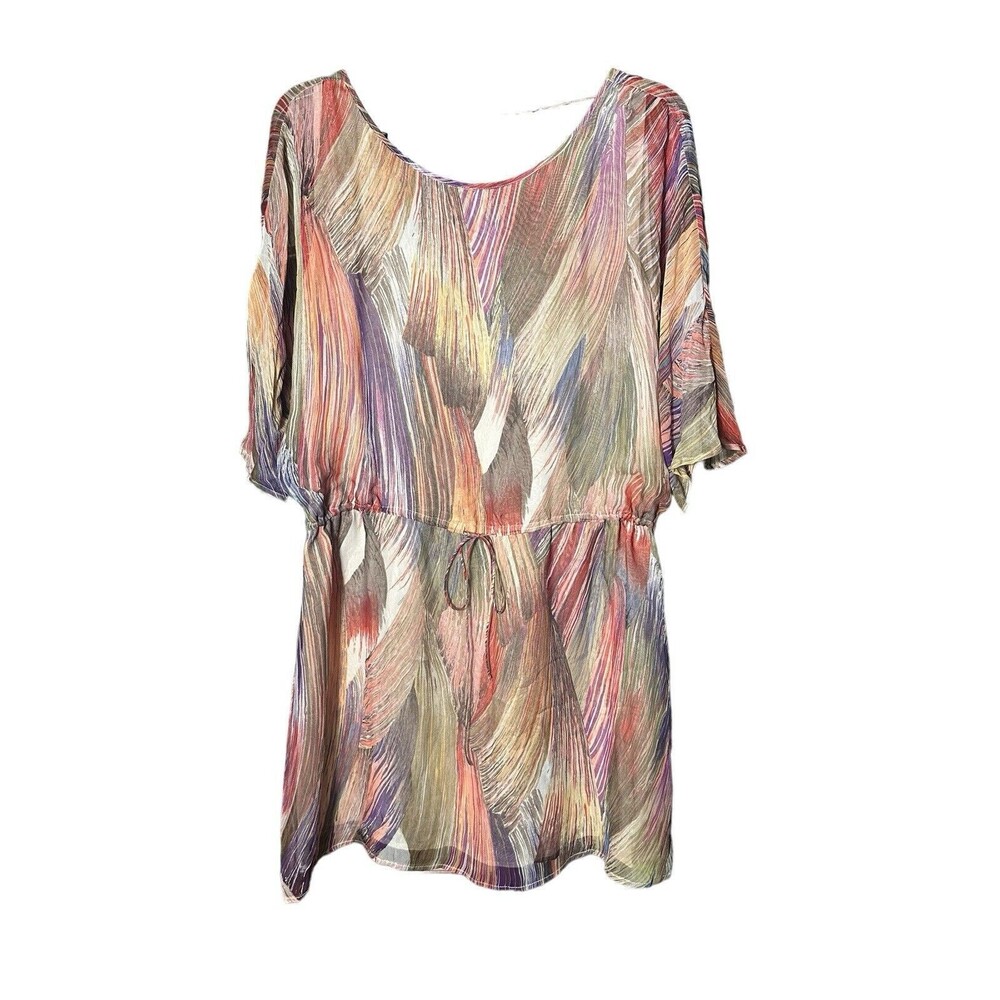 Gemma 100% Silk Dress Oversized XS Drawstring‎ Waist Colorful Short Slv #Q9-6